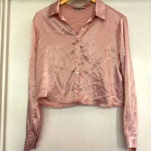 Anthropologie Ro & De Shimmering Pink Button Down Long Sleeve Blouse Top Size M